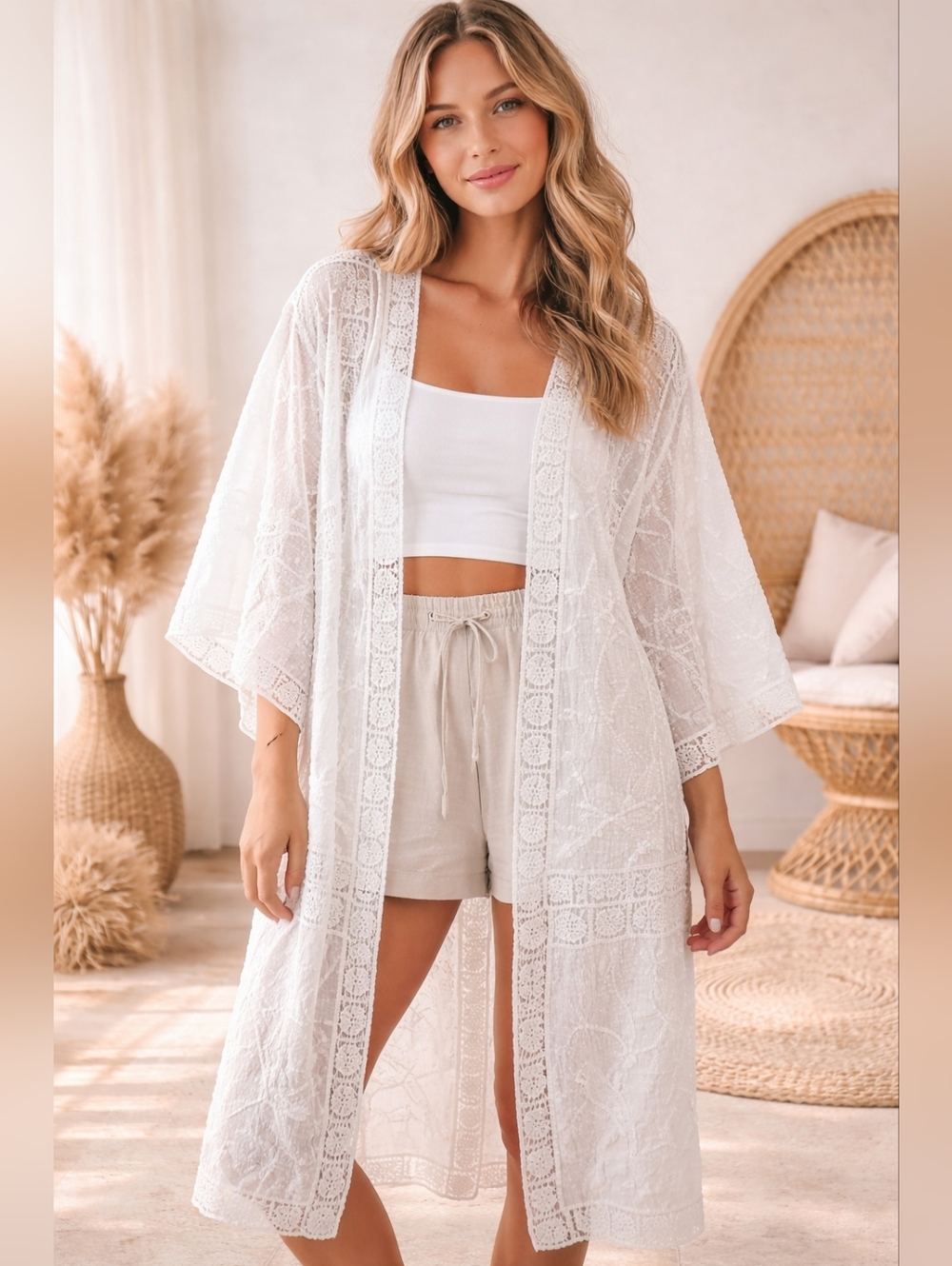 Seen And Be Seen White Lace Kimono Cover-Up M / L